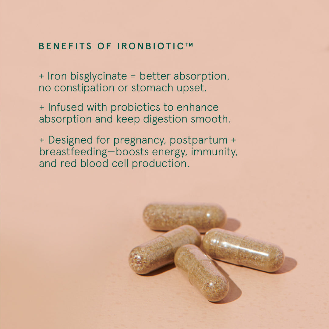 Ironbiotic capsules with text on a beige background