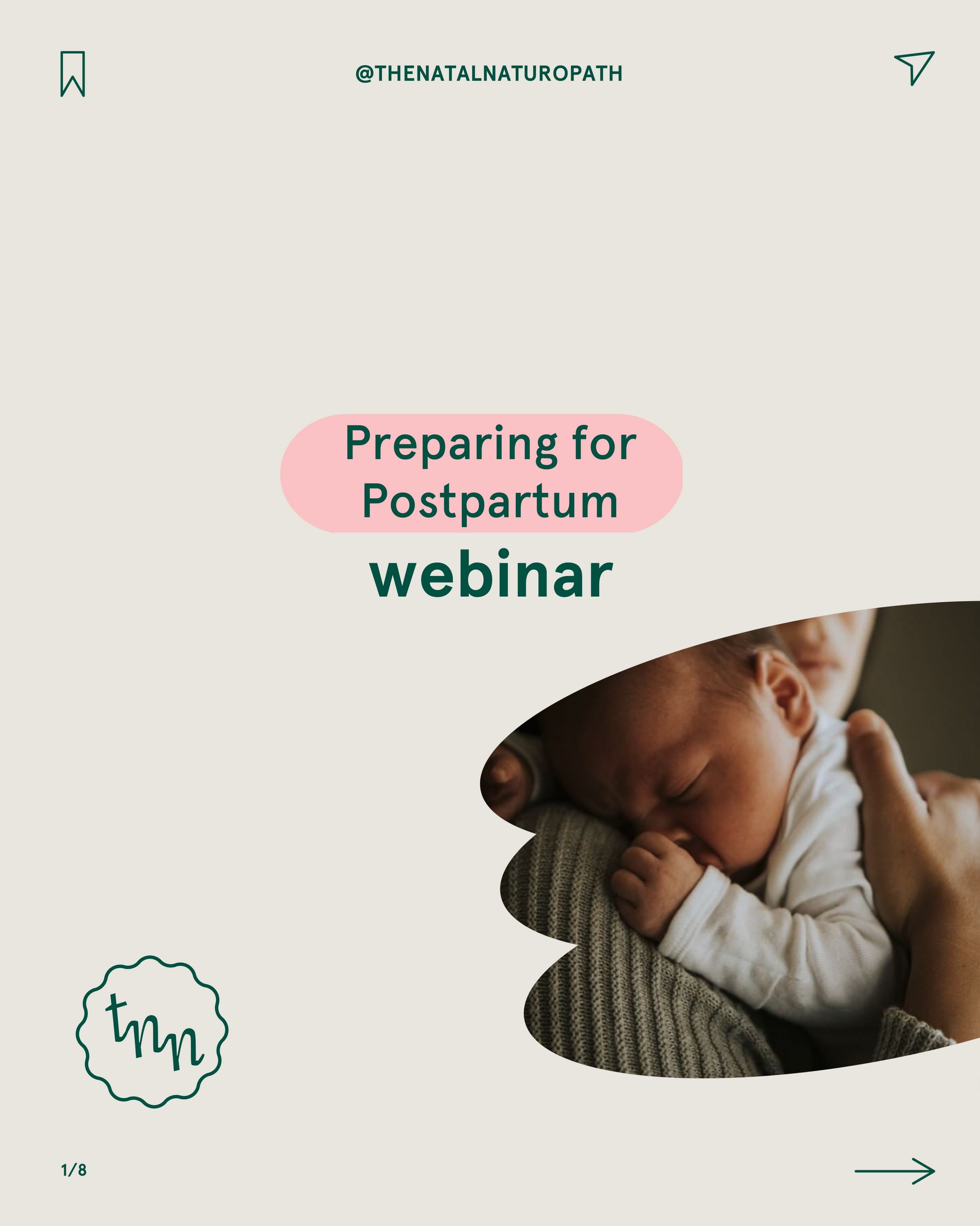 Promotional graphic for a 'Preparing for Postpartum' webinar by Naternal Vitamins, featuring a tender moment with a newborn resting peacefully on a parent's shoulder. The design, set against a soft beige background with pink accents, conveys warmth and support, aligning with educational content focused on postpartum preparation and care.