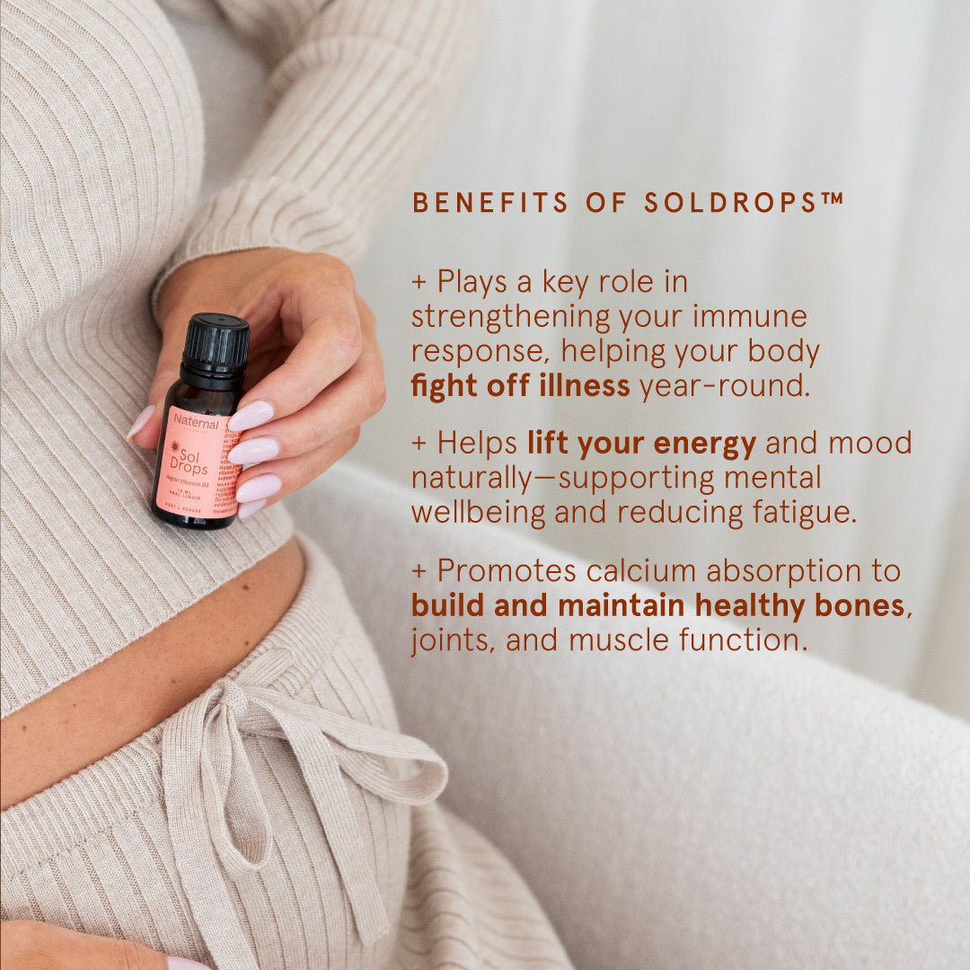 Person holding a bottle of Soldrops with text about its benefits.