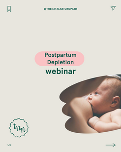 Promotional graphic for a 'Postpartum Depletion' webinar by Naternal Vitamins, featuring an intimate image of a mother breastfeeding her newborn. Set against a light beige background with soft pink accents, the design is warm and educational, aimed at supporting postpartum health awareness.