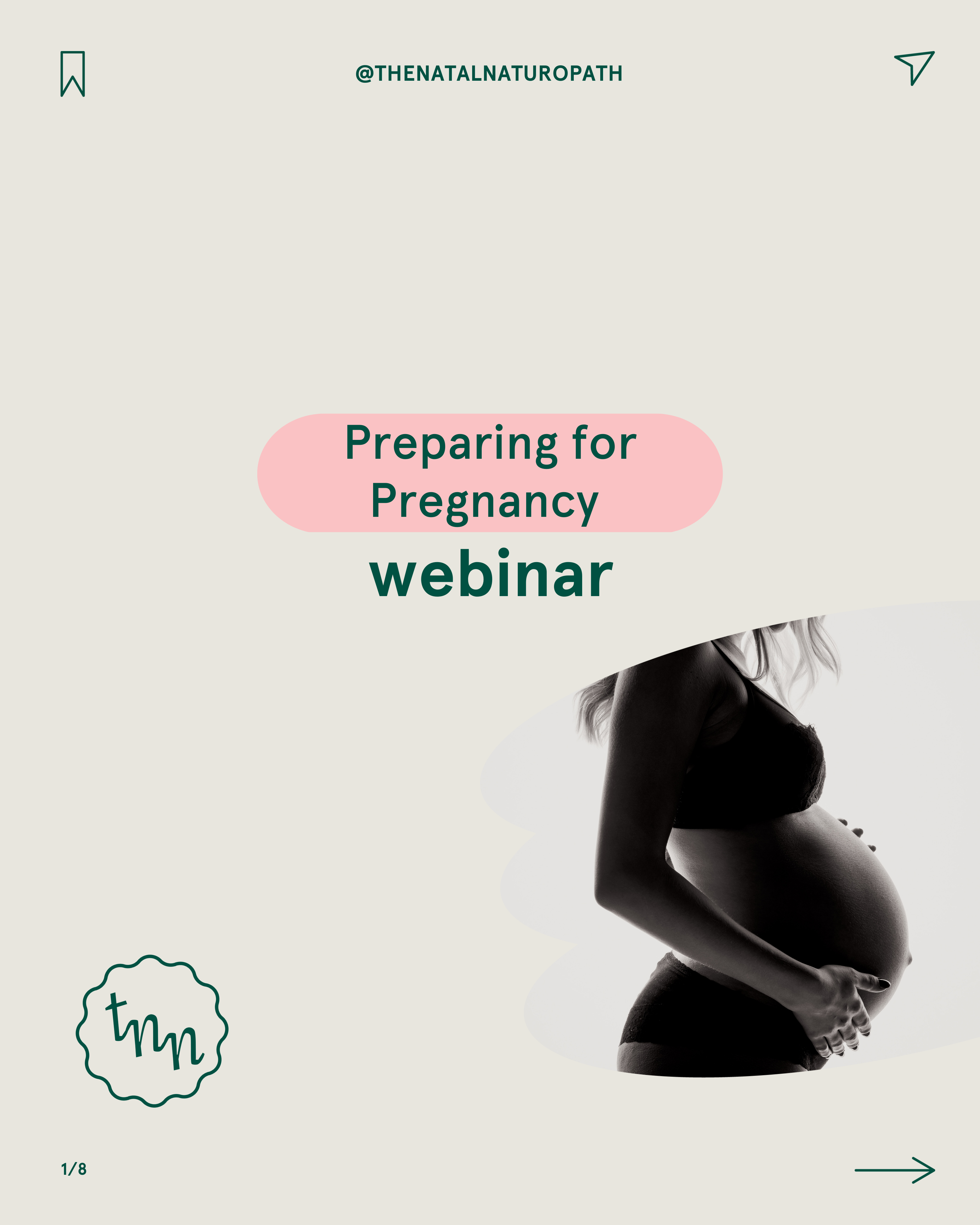 Promotional graphic for a 'Preparing for Pregnancy' webinar by Naternal Vitamins, featuring a silhouette image of a pregnant woman in a contemplative pose, gently cradling her belly. The design, set against a soft beige background with pink accents, provides a calm and informative atmosphere, supporting educational content for those planning for pregnancy.